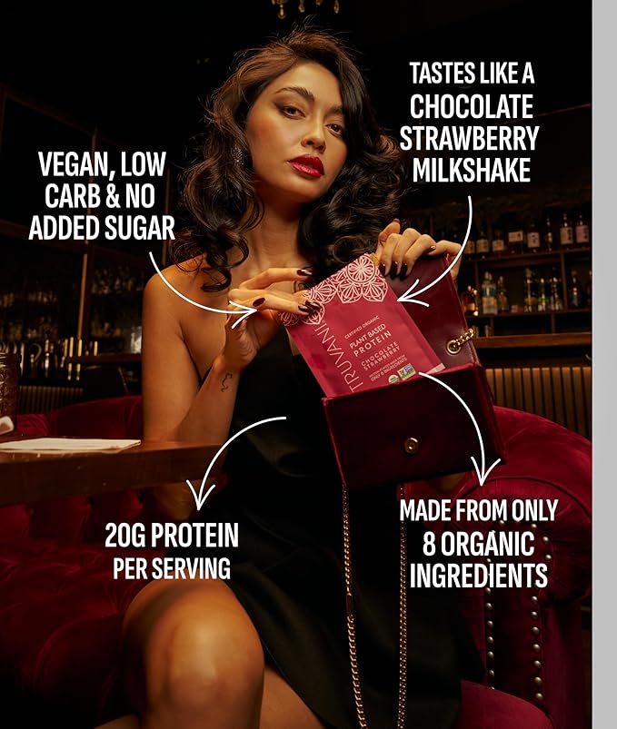 Truvani Vegan Pea Protein Powder | Chocolate Strawberry | 20g Organic Plant Based Protein | Single Serving Travel Packets | 10 Servings | Keto | Gluten &amp Dairy Free | Low Carb | No Added Sugar