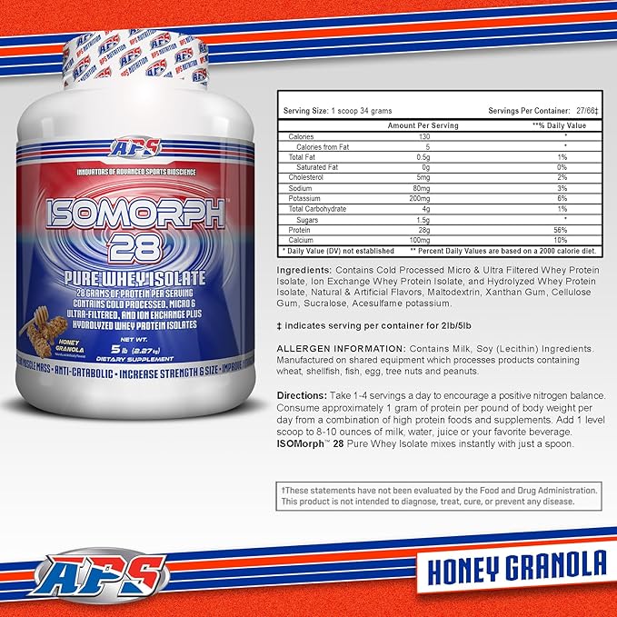 APS Nutrition Isomorph 28 Protein Powder | Pure Whey Isolate | Cold Pressed Ultra- Filtered &amp Ion Exchange Isolates | 28g Protein | 5 Pound (Honey Granola)