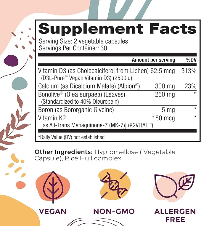 Body Kitchen Mega Osteo Vegan Bone &amp Joint Support Supplement with Bonolive K2VITAL MK-7 Vegan Vitamin D3 &amp Albion Calcium 60 Vegetable Capsules