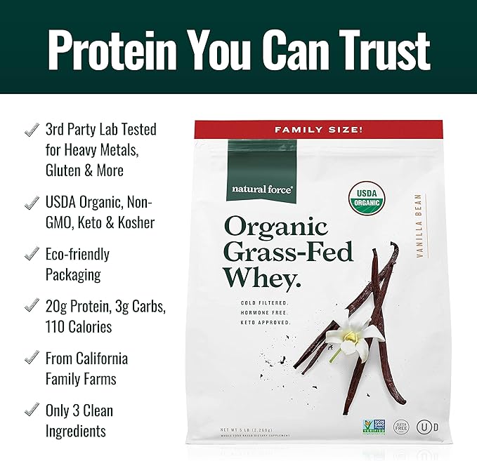 Natural Force Grass Fed Organic Whey Protein Powder Vanilla Flavor 5 lb Clean Marine Collagen Powder 11.7 oz