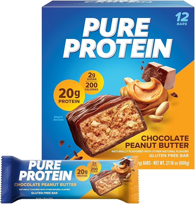 Pure Protein Whey Protein Powder 25g Protein 1.75lb + Protein Bars 20g Protein 12 Count Chocolate Peanut Butter