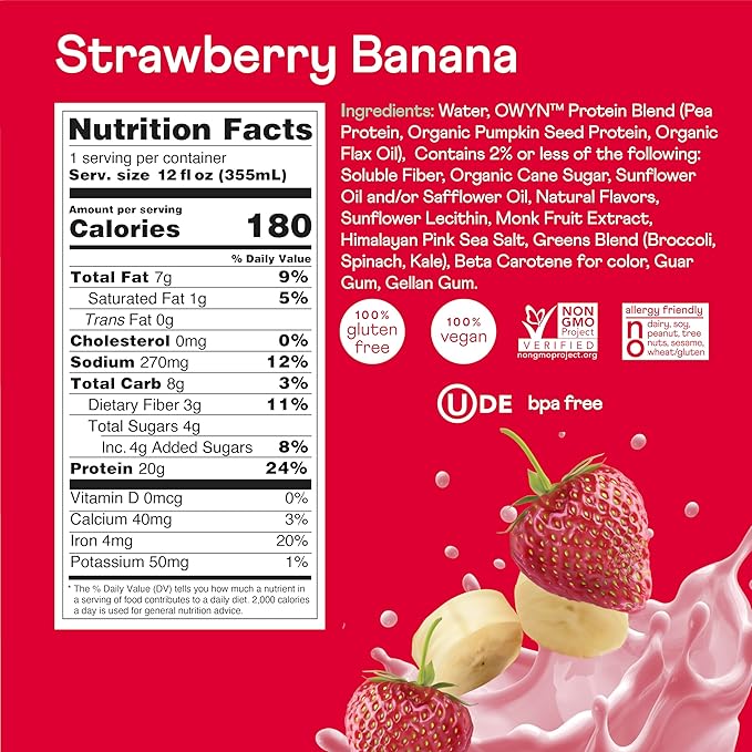 OWYN Only What You Need Strawberry Banana Flavored Protein Shake 20g Protein 4g Sugar 3g Fiber Dairy Free Plant Based Protein Drink 12 Count