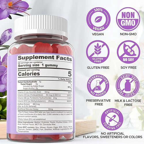 1Pack Saffron Supplement Gummies 100% Pure Saffron Extract Whole Herb Gummies + 2P Vegan Iron Gummies Supplement with Vitamin C B12 Folate &amp Turmeric