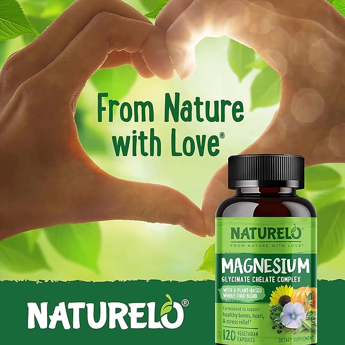 NATURELO Magnesium Glycinate Chelate Complex - 200 mg Magnesium with Organic Vegetables to Support Sleep Calm Muscle Cramp &amp Stress Relief - Gluten Free Non GMO - 120 Capsules