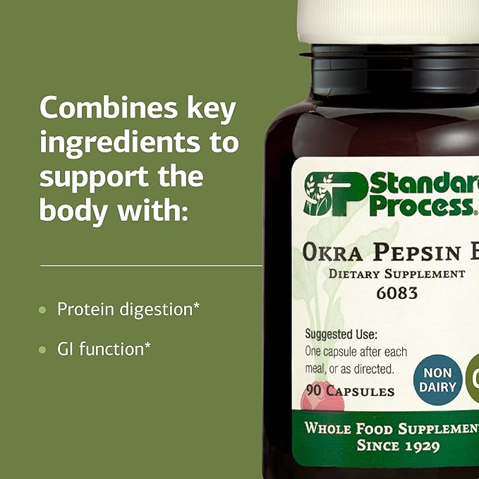 Standard Process Okra Pepsin E3 - Gastrointestinal &amp Gut Health Supplement - Supports Protein Digestion &amp Regular Digestive Function - Gluten-Free Non-Dairy &amp Non-Soy - 90 Capsules (90 Se