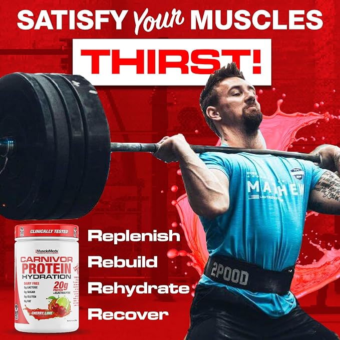MuscleMeds Carnivor Protein Hydration Drink Powder 20g Refreshing Protein Isolate Lactose Free Sugar Free Electrolytes Muscle Building Recovery Halal Certified Cherry Lime 20 Serve