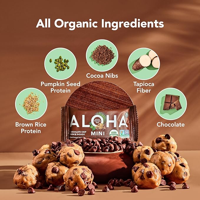 ALOHA Organic Plant Based Protein Bar MINIS |Chocolate Chip Cookie Dough| 20 Count 24g Bars | Vegan Low Sugar Gluten Free Paleo Low Carb Non-GMO Stevia Free Soy Free No Sugar Alcohols