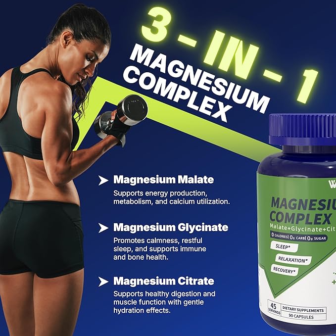 Triple Magnesium Complex - 300mg Magnesium from Malate Glycinate and Citrate - Supports Stress Relief &amp Sleep Nerves &amp Metabolism Muscle Relaxation &amp Bone Health - 180 Capsules(2 Bottl