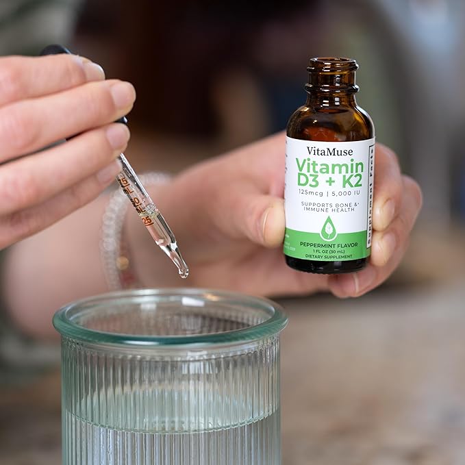 Vitamin D3 + K2 Drops 5000 IU D3 100 mcg K2 MK-7 Peppermint Flavor Liquid Tincture with Organic Oils Non-GMO Gluten-Free 1 fl oz