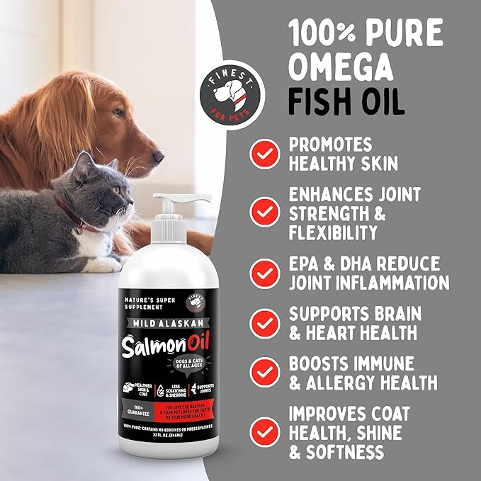 Wild Alaskan Omega-3 Blend Pollock + Salmon Oil for Dogs &amp Cats (16oz). 100% Pure Fish Oil Supplement with EPA &amp DHA for Joints Skin &amp Coat Itching Shedding Immune &amp Heart. Tasty &