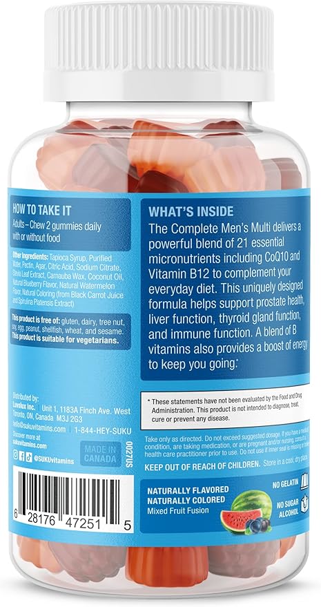 SUKU Men's Daily Multivitamin Gummies – Vitamins A B12 C D3 E Zinc CoQ10 &amp Lycopene – Prostate Heart &amp Immune Support – Sugar-Free Vegan Mixed Fruit Fusion – 60 Count