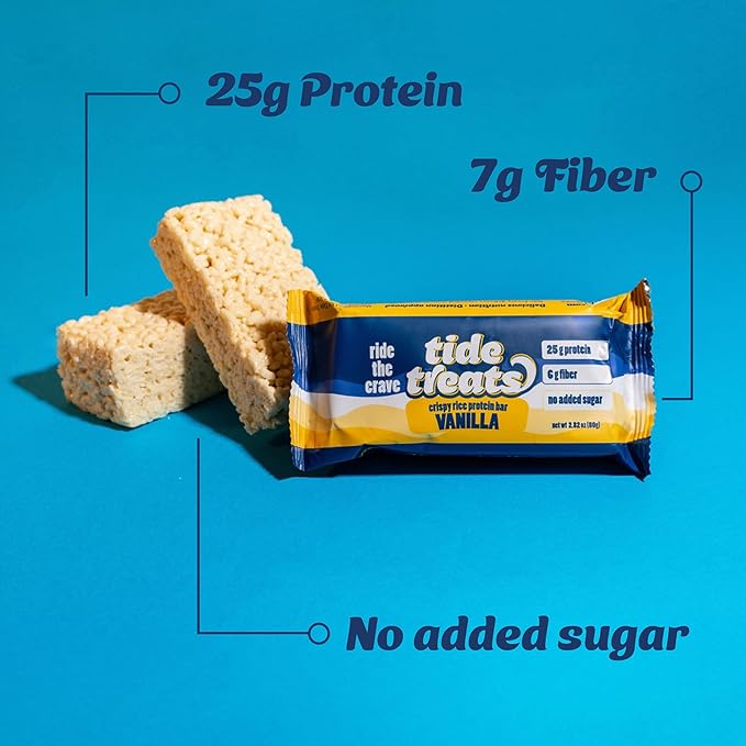 25g Protein Bar Crispy Rice Treat Vanilla | Clean Ingredients No Added Sugar 7g Fiber Gluten Free | High Protein Snack for On-the-Go Post-Workout or Dessert Cravings | 8 Count | TideTreats
