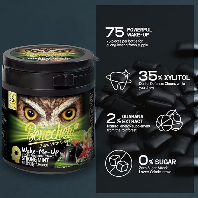 Benechew 4-Pack Sugar Free Gum with 35% Xylitol Guarana Extract Extra Strong Mint 75 Pieces per Bottle with Wrapping Paper Natural Energy Boost for Work Study Driving Sports