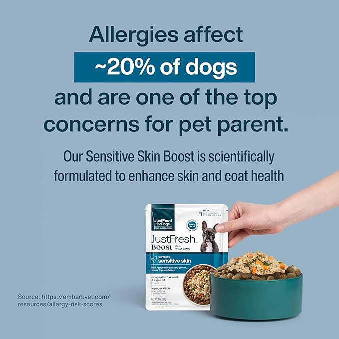 JustFoodForDogs JustFresh Boost Sensitive Skin Dog Food Topper for Immune Support and Healthy Coat Human-Grade Fresh Pet Meal Booster 8 oz Pouches - 8 Pack