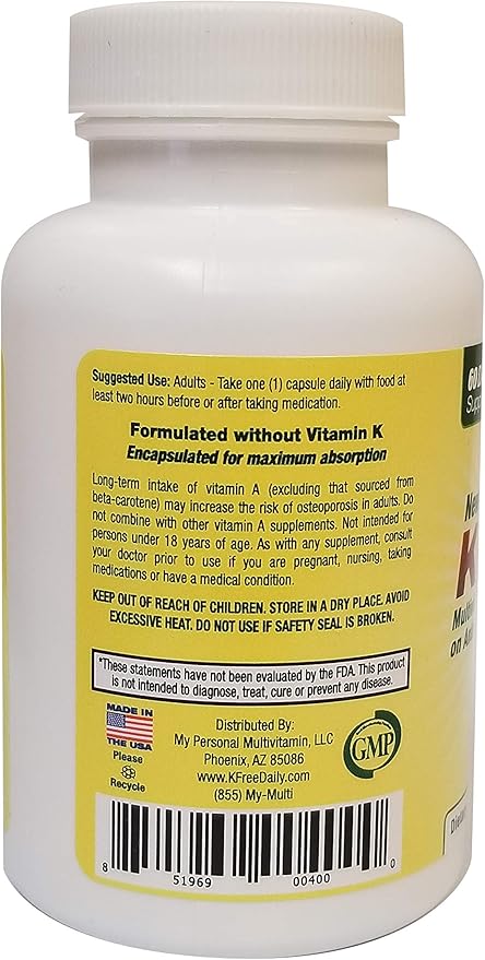 Multivitamin - No Vitamin K - Safe for People on Blood Thinners - 60 Capsules (2 Months Supply)