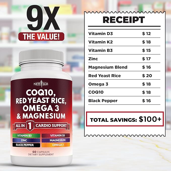 NEW AGE COQ10 200mg Red Yeast Rice Omega 3 Magnesium Complex Zinc Vitamin K2 D3 - Heart Health Support Vitamins for Women and Men with Vitamin B3 Coenzyme Q10-60 Count