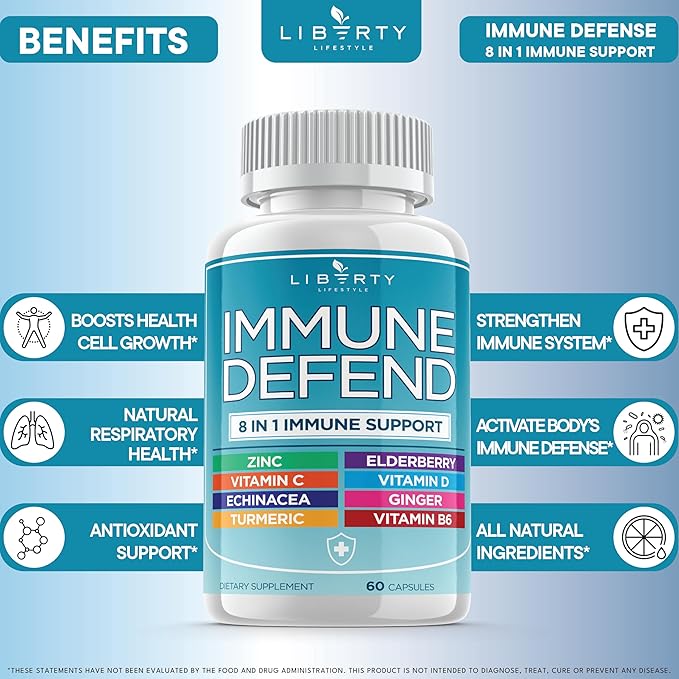 8 in 1 Immune Defense Support Immunity Vitamins Supplement Booster Zinc 50mg Vitamin C Elderberry VIT D3 5000 IU Turmeric Curcumin &amp Ginger Echinacea - Allergy Relief for Kids Adults (2 Pack)