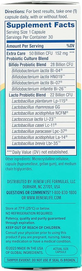 Renew Life Extra Care Go-Pack Probiotic Capsules Daily Supplement Supports Immune Digestive and Respiratory Health L. Rhamnosus GG Dairy Soy and gluten-free 50 Billion CFU 30 Ct