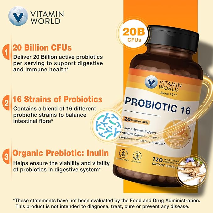 Vitamin World Probiotic 16 20 Billion CFU 16 Strains with Prebiotic Fiber for Digestive &amp Immune Health Probiotics for Women &amp Men Non-GMO Gluten Free 120 Veggie Capsules 60 Day Supply