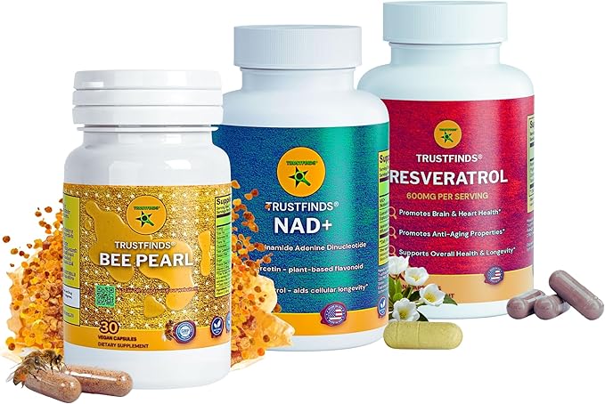 TrustLongevity™ Bundle (3 Pack) Bee Pearls NAD+ &amp Resveratrol 600mg - Natural Immunity &amp Vitality Support (150 Veg. Caps)