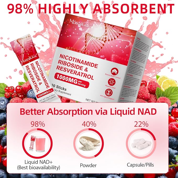 NAD+ Liquid Supplement Packets 30pcsPremium Nicotinamide Riboside &amp Resveratrol Boosts Cellular Energy &amp Healthy Aging