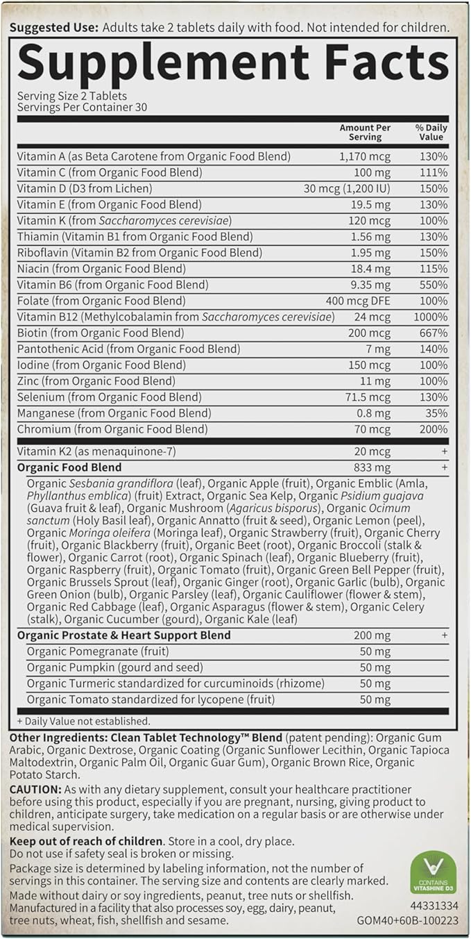 Garden of Life Organics Whole Food Multivitamin for Men 40+ 60 Tablets Vegan Mens Multi for Health Well-Being Certified Organic Whole Food Vitamins Minerals for Men Over 40 Mens Vitamins