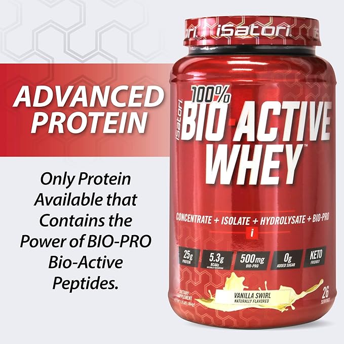 iSatori 100% Bio-Active Whey Protein Powder Muscle Growth &amp Recovery with Whey Isolate Hydrolysate Concentrate BCAAs &amp Colostrum Peptides 25g of Protein Per Serving - Vanilla Swirl (26 Se