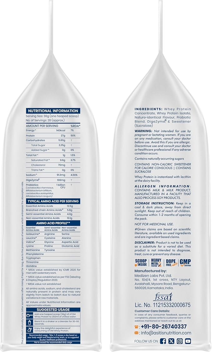 AS-IT-IS Atom Whey Protein 1kg/35.2 Oz With Digestive Enzymes | Usa Labdoor Certified for Accuracy &amp Purity | Cookies and Cream Flavor | 27g Protein | 5.7g Bcaaâ