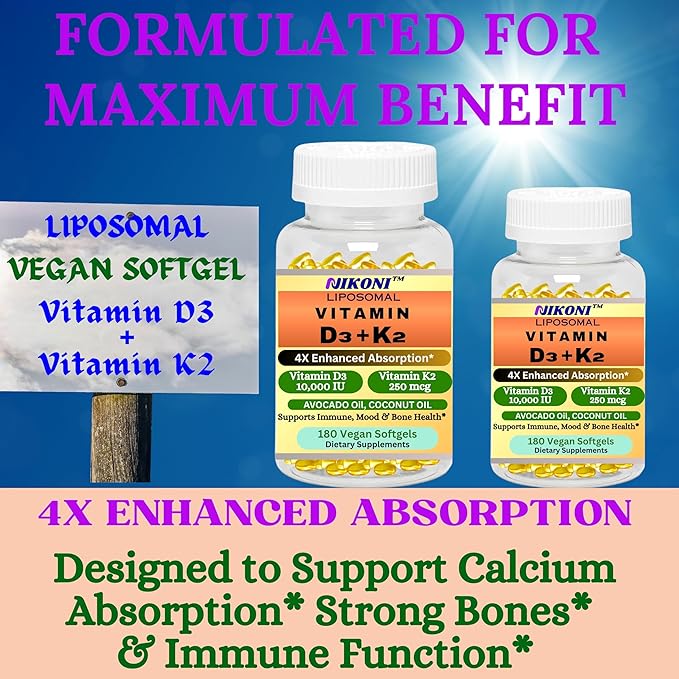 Nikoni Liposomal Vitamin D3 10000 IU Vitamin K2 (MK-7) 250 mcg Infused with Coconut &amp Avacado Oil Easy to Swallow Supports Calcium Absorption Bone Health 180 Vegan Softgels
