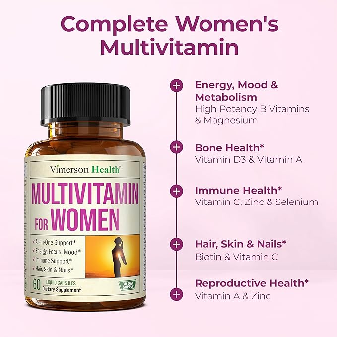Multivitamin for Women with Vitamins and Minerals for Energy Focus and Immune Health – Premium Daily Womens Multivitamins &amp Multiminerals – 60 Liquid Capsules