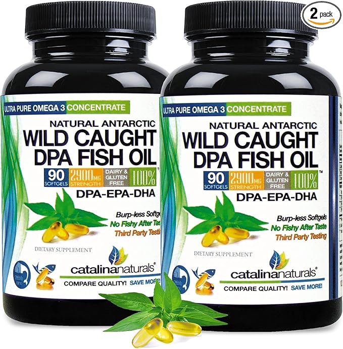(Pack of 2) Wild Caught Omega-3 DPA Fish Oil - 2900 mg with DPA EPA &amp DHA - 180 SoftGels – Triple Strength Burp-Free