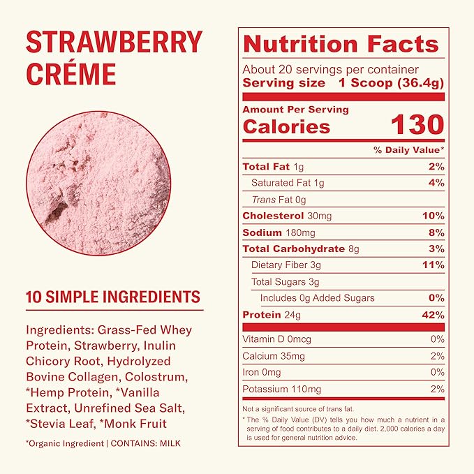 Ballerina Farm Grass Fed Whey Protein Powder Creamy Chocolate + Strawberry Crème 24g Protein with Collagen Peptides Bovine Colostrum Hemp Hearts &amp Prebiotic Fiber No Added Sugar 40 Serving T