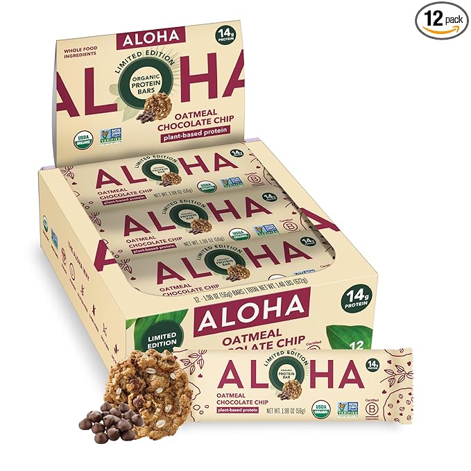 ALOHA Organic Plant Based Protein Bars - Oatmeal Chocolate Chip - 12 Count 1.9oz Bars - Vegan Snacks Low Sugar Gluten-Free Low Carb Paleo Non-GMO Stevia-Free No Sugar Alcohols