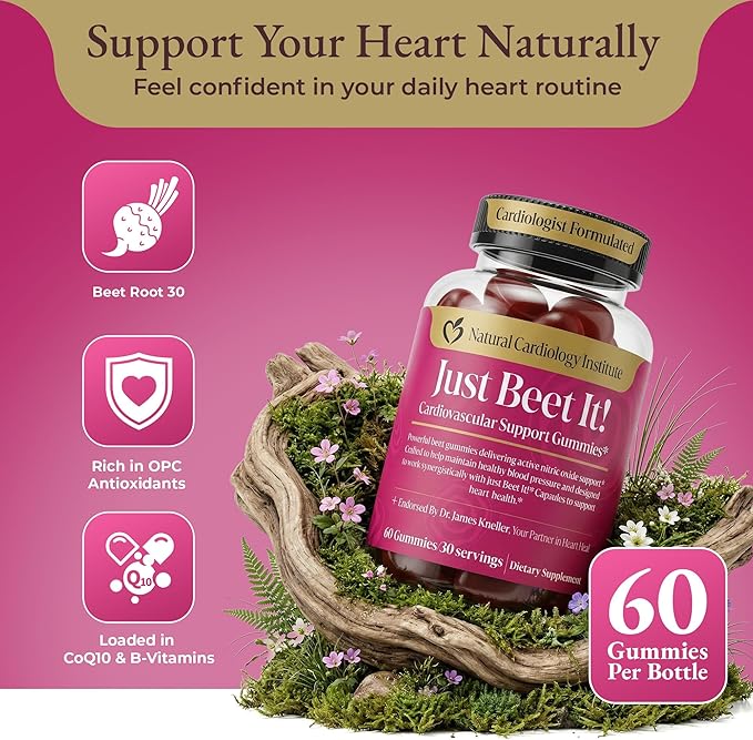 Just Beet It! Beet Root Gummies - Blood Pressure &amp Circulation Support Beet Gummies - Nitric Oxide Booster with CoQ10 &amp Grape Seed Extract - Heart Health &amp Energy for Men &amp Women - 60