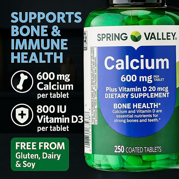 Spring Valley Calcium 600 mg Plus Vitamin D3 250 Coated Tablets. Bone Health Support Supplement. 800 IU Vitamin D per Tablet Bundle with 45 Diabetes Decoded