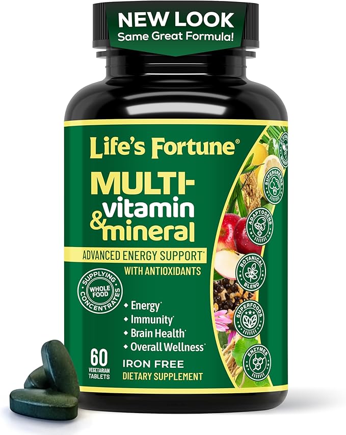 Life's Fortune Whole Food Multivitamin &amp Mineral Supplement for Men &amp Women | Daily Energy Support Vitamins | Immune Brain &amp Metabolism Support | Iron Free 60 Vegetarian Tablets