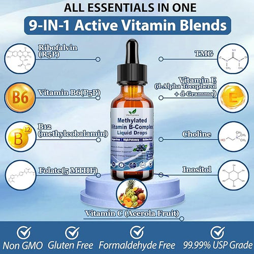 2 Pack Methylated B Complex Liquid Drops Complete 9-in-1 Methyl B Vitamins w. B12 Methylfolate Inositol Choline TMG Vitamin C E Super B-Complex Methylated for MTHFR Support Energy Mood Nerve Health1