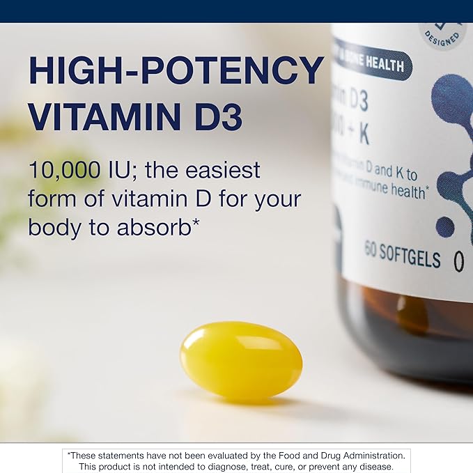 Metagenics Vitamin D3 + K - for Artery Health Immune Support Bone &amp Heart Health* - Vitamin D with MK-7 (Vitamin K2) - Non-GMO - Gluten-Free - 60 Softgels - 10000 IU