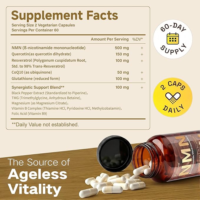 NMN Supplement 1000mg | 10-in-1 with Resveratrol Quercetin CoQ10 &amp Glutathione | Cellular Energy &amp Antioxidant Complex | Enhanced Bioavailability Formula with TMG &amp Black Pepper | 120 Ca