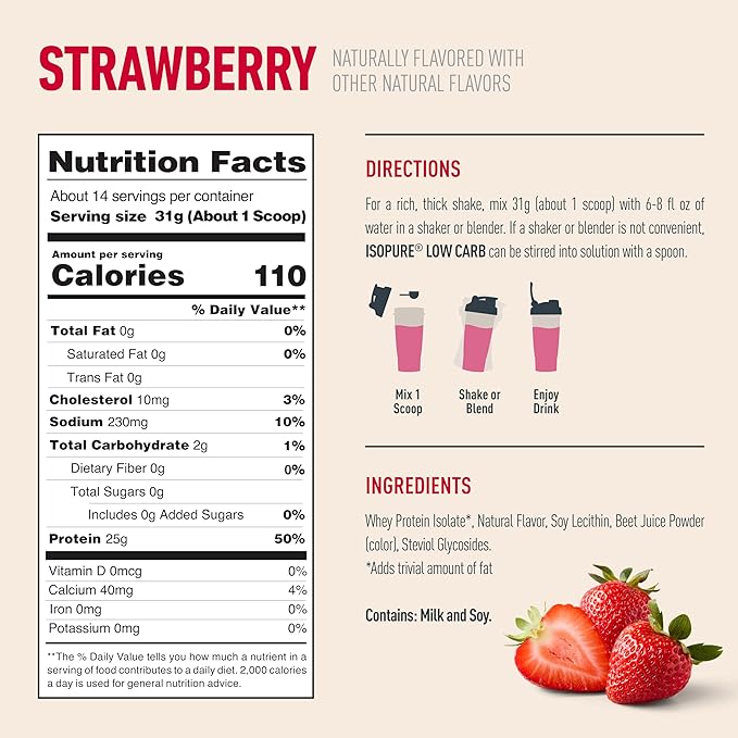 Isopure Low Carb 100% Pure Whey Isolate Protein Powder Lactose Free Gluten Free With Vitamins Strawberry 25g Protein Per Serving 1 Lb 14 Servings (Packaging May Vary)