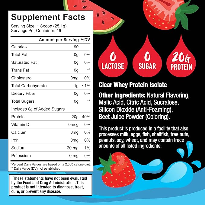 Klear - Clear Protein Powder Strawberry Watermelon Lactose-Free Protein Powder 20g Protein Whey Isolate 0 Sugar 16 Servings Keto-Friendly Protein Isolate Mix Water Shake for Clear Protein Drink