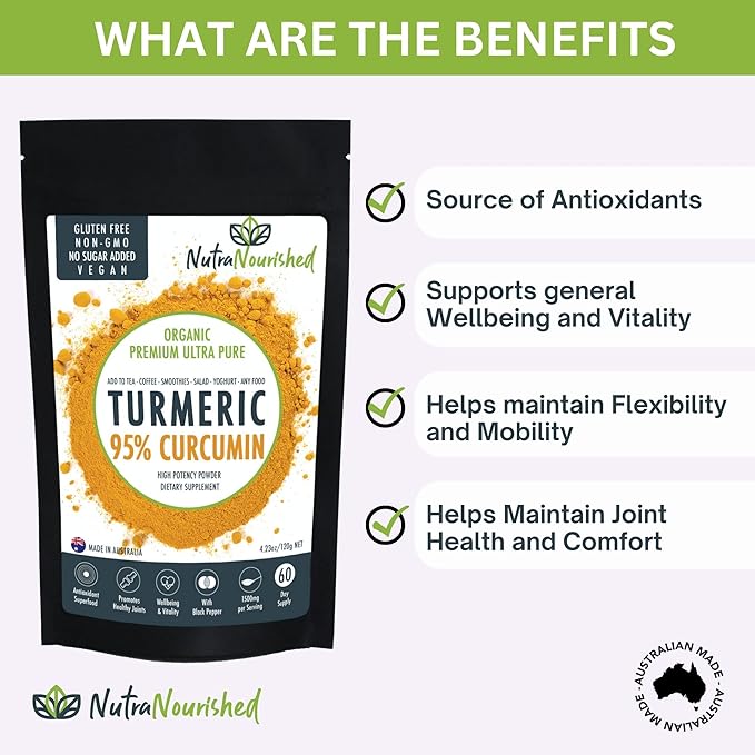 Organic Turmeric 95% Curcumin Powder – 1500mg Extract with Black Pepper – Non-GMO Vegan Gluten-Free Natural Supplement – 120g