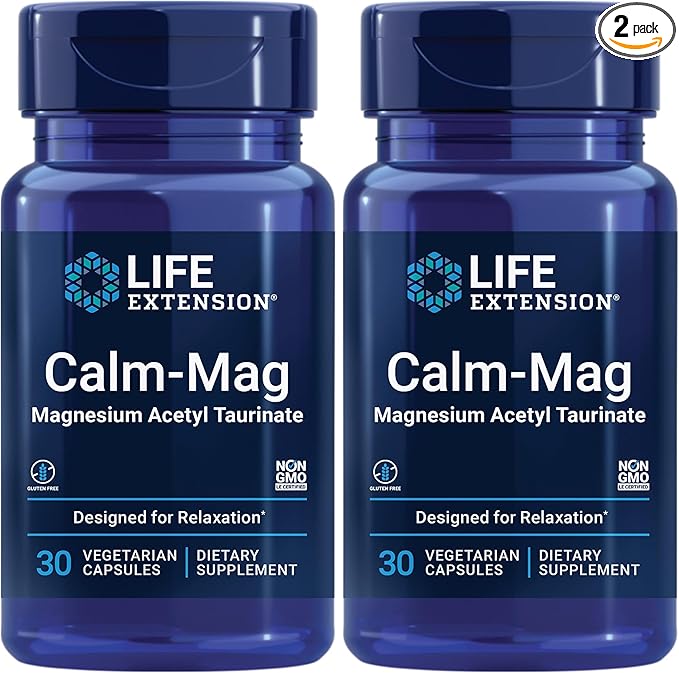Life Extension Calm-Mag Magnesium Acetyl taurinate Daily Stress Management Formula Supports Calmness and Relaxation Gluten-Free Non-GMO Vegetarian 30 Capsules(Pack of 2)