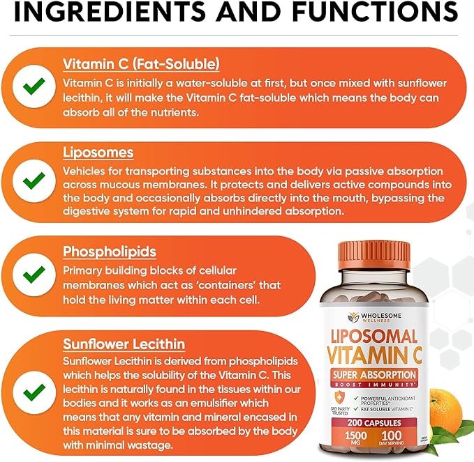 Wholesome Wellness Liposomal Vitamin C Capsules (200 Pills 1500mg Buffered) High Absorption Immune System &amp Collagen Booster High Dose Fat Soluble Immunity Support Ascorbic Acid Natural Vegan