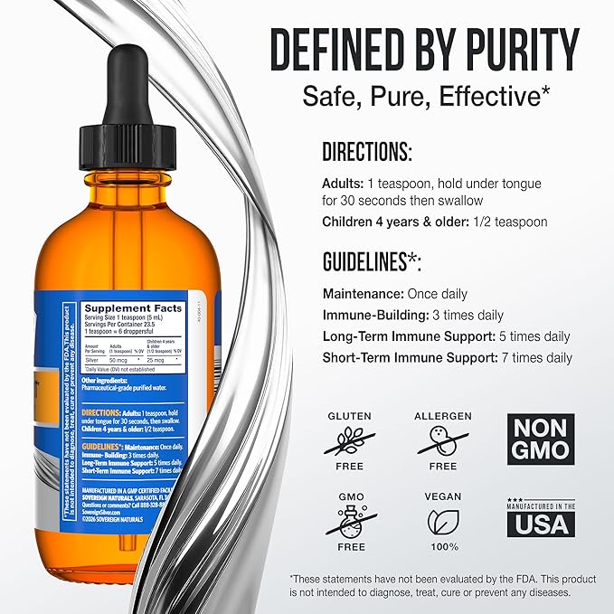 Sovereign Silver Immune Support - Colloidal Silver Bio-Active Silver Hydrosol 10 ppm Liquid Dropper 4 Fl Oz (118 mL)