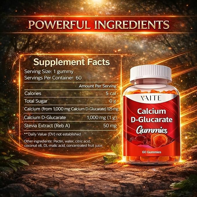 Calcium D-Glucarate Gummies 1000mg - CDG Cleanse Supplement for Men and Women Hormone Metabolism Balance &amp Menopause Supports Non-GMO Vegan Gluten Free Soy Free Supplements 60 Gummy Chewable