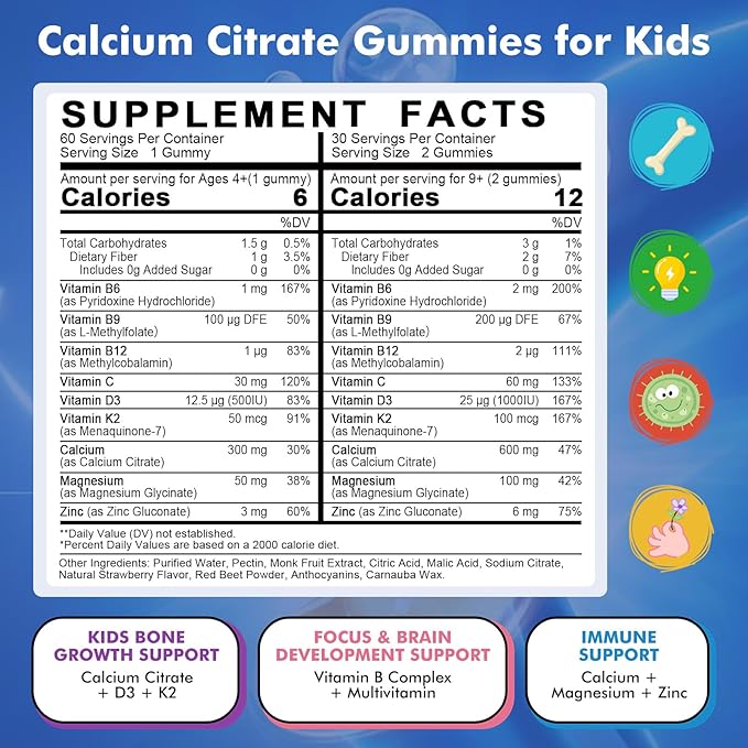Kids Calcium Citrate Gummies with Vitamin D3 Supplement Calcium Citrate 300/600 mg with Magnesium Zinc &amp Multivitamin for Kids 4+ Support Bone Muscle &amp Digestive Health Sugar Free Strawberr
