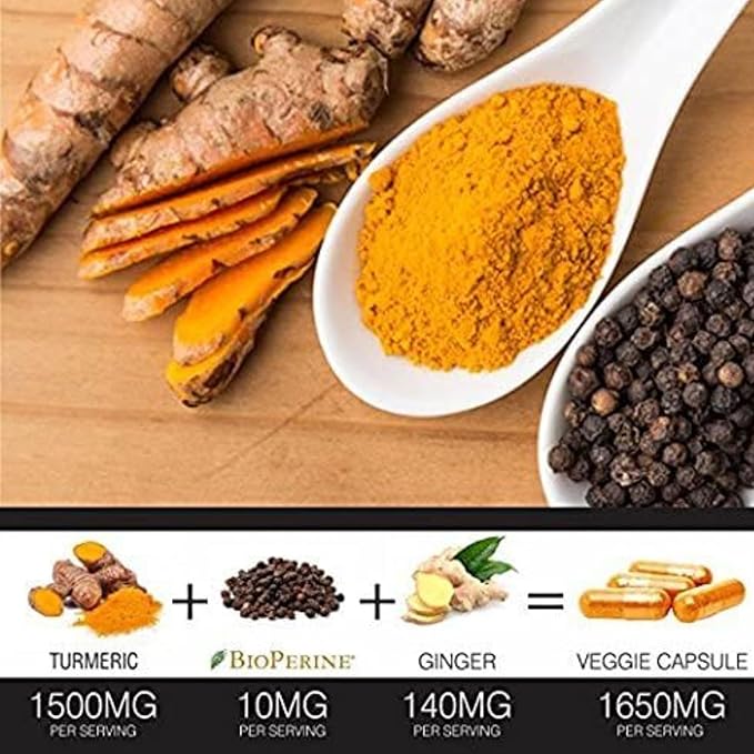 Turmeric Curcumin with BioPerine Black Pepper and Ginger - Made in USA - 120 Vegetarian Capsules for Advanced Absorption Joints Support