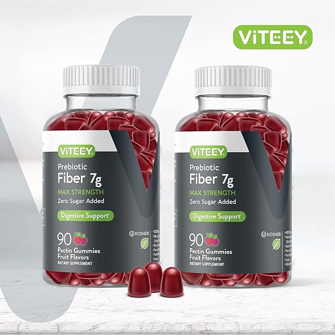 VITEEY Prebiotic Fiber Gummies for Adults 7g - Gut Health &amp Digestive Soluble Fiber Supplement Gummies - Zero Sugar Added Vegan Gluten-Free - 180 Count