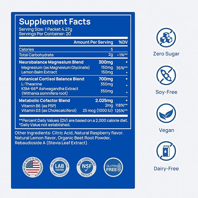 Selerb CalmTrio Magnesium Glycinate Powder Cortisol Drink Mix - No Sugar with L-Theanine Ksm-66® Ashwagandha Lemon Balm Vitamin D3 B6 Supplements for Relax Focus &amp Calm Raspberry Lemon 20 C